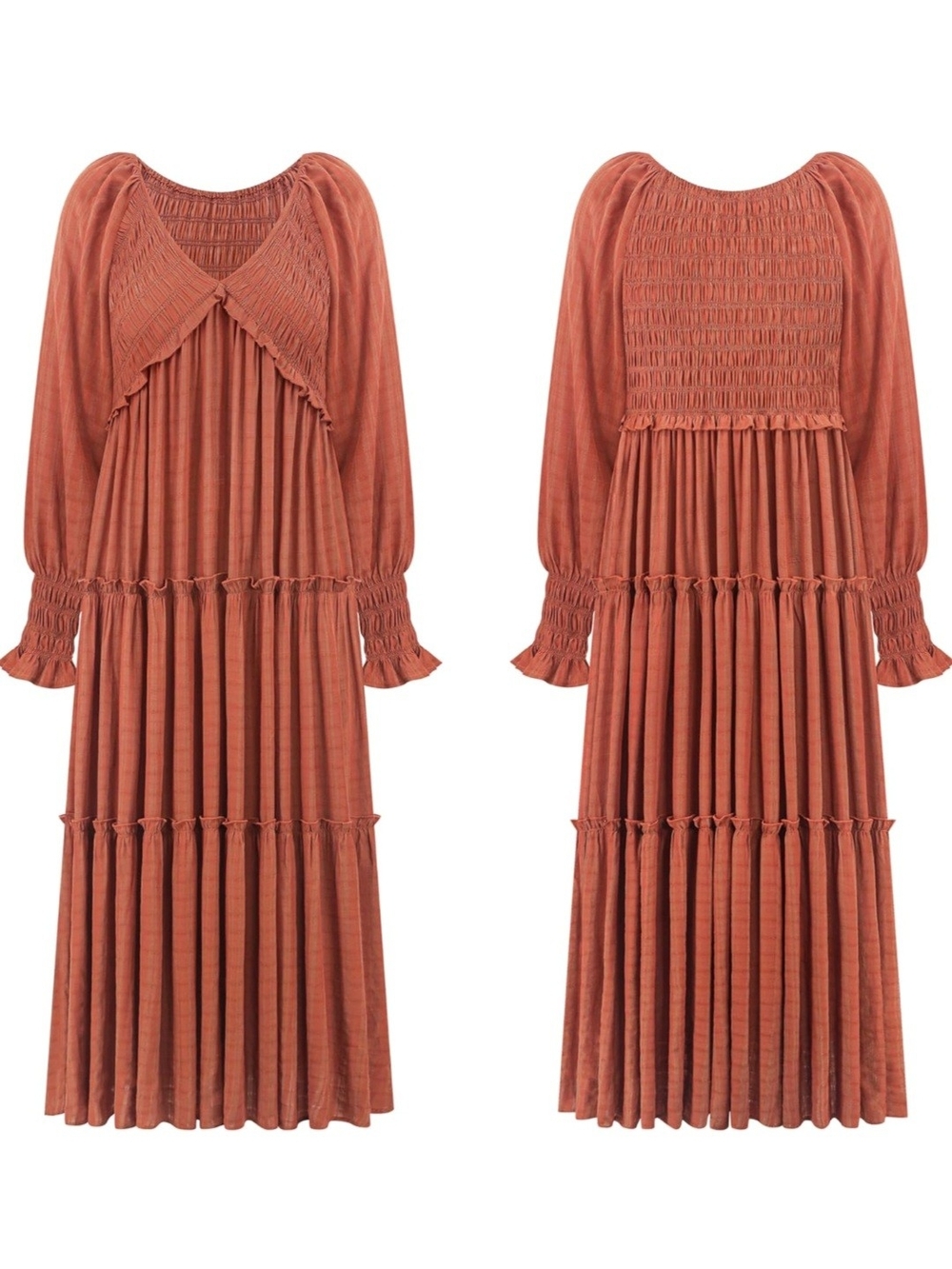 Boho Long Sleeve Smocked Midi Dress